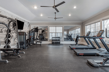 A spacious gym with treadmills, elliptical machines, and a television at Reserve by the Lake, Houston, 77084